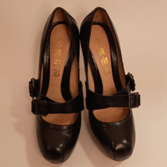 L.A.M.B. Black Leather Platform X Strap 5inch Stiletto heel size 8 - Picture 3 of 11